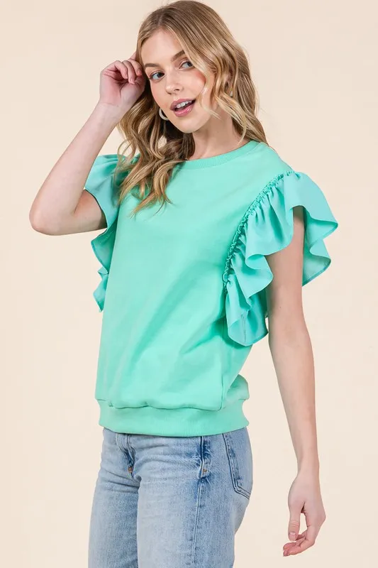 Solid Shoulder Ruffle Detail Round Neck Top, image 2