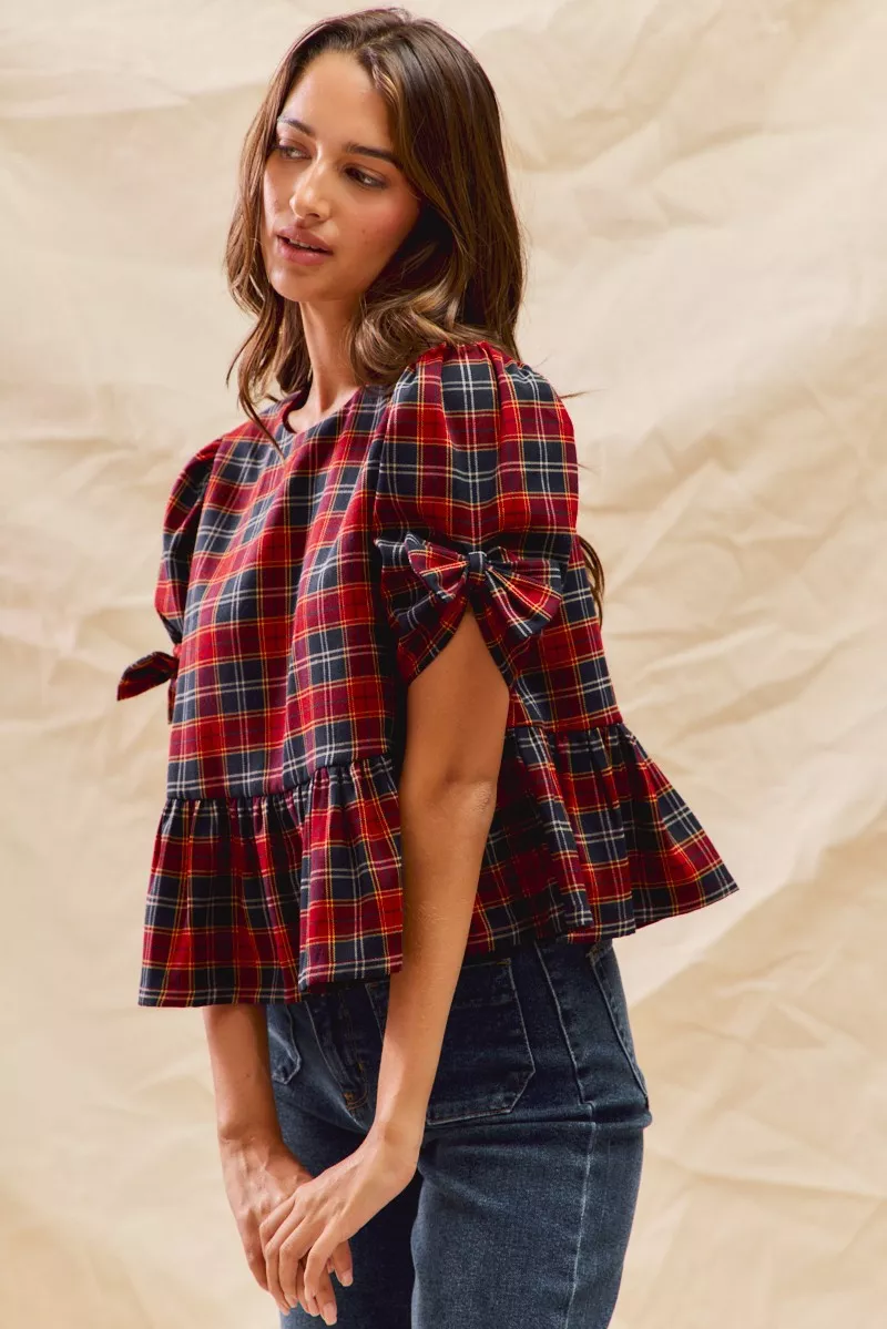 Christmas Holiday Plaid Ribbon Short Sleeves Top, image 2