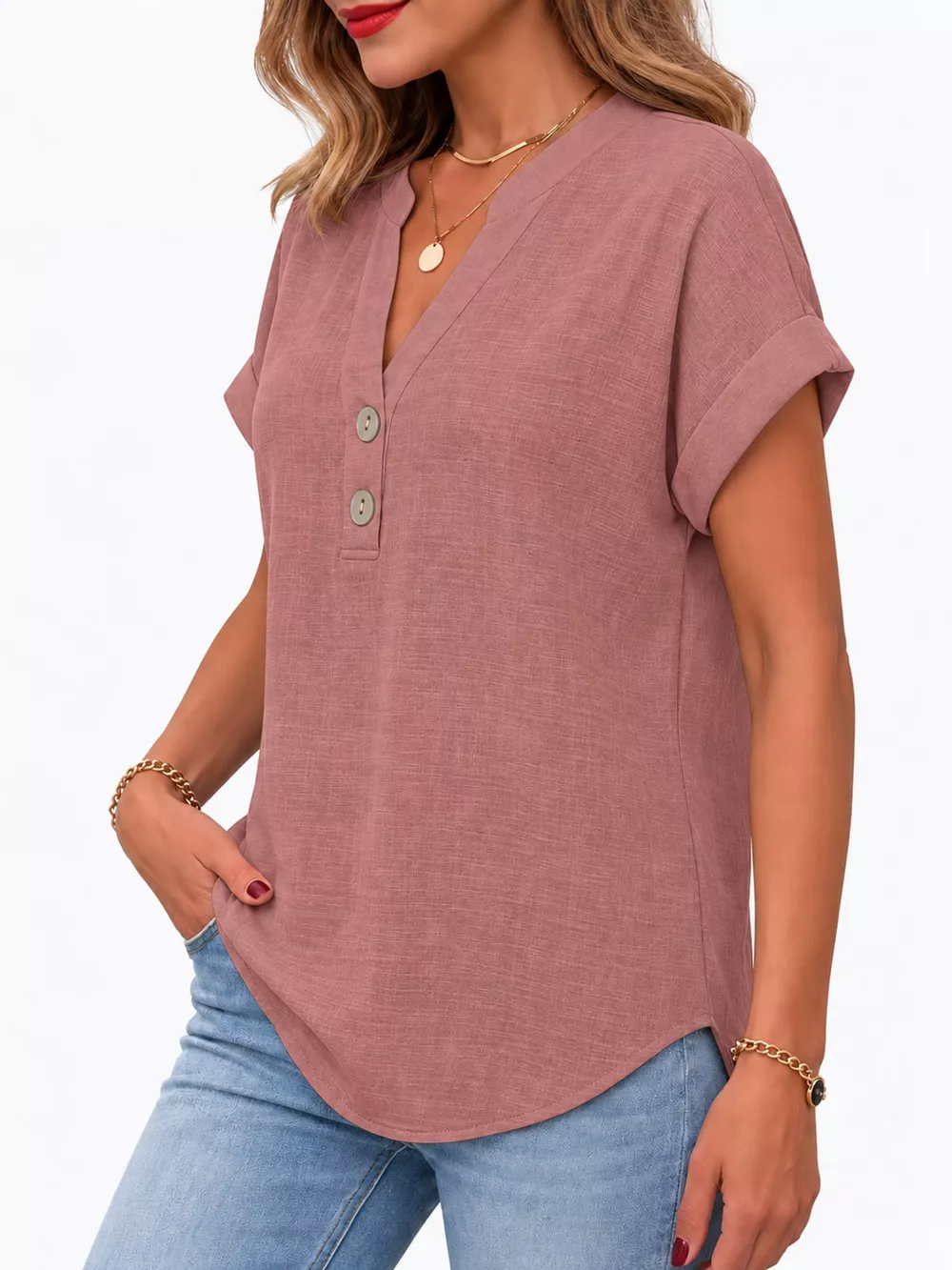 Full Size Button Detail Short Sleeve Blouse Plus Size, image 37