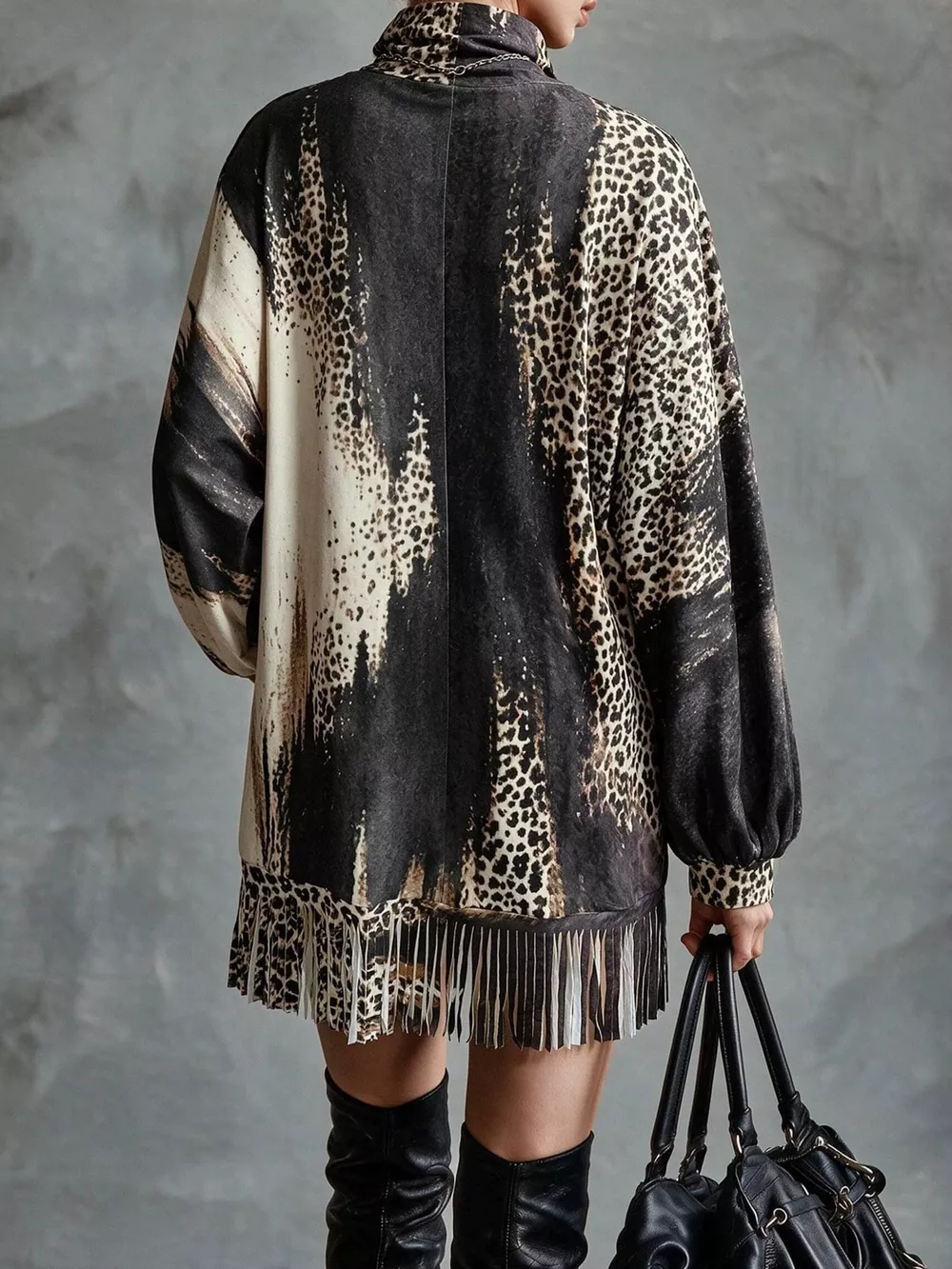 Leopard Print Mock Neck Fringe Hem Mini Dress, image 3