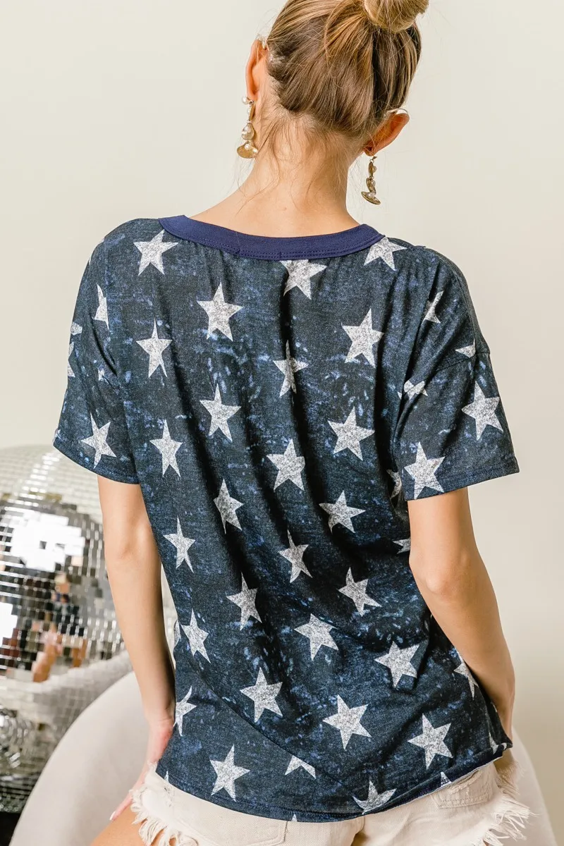 Vintage Star Print Top With Contrast Caged Neck, image 7