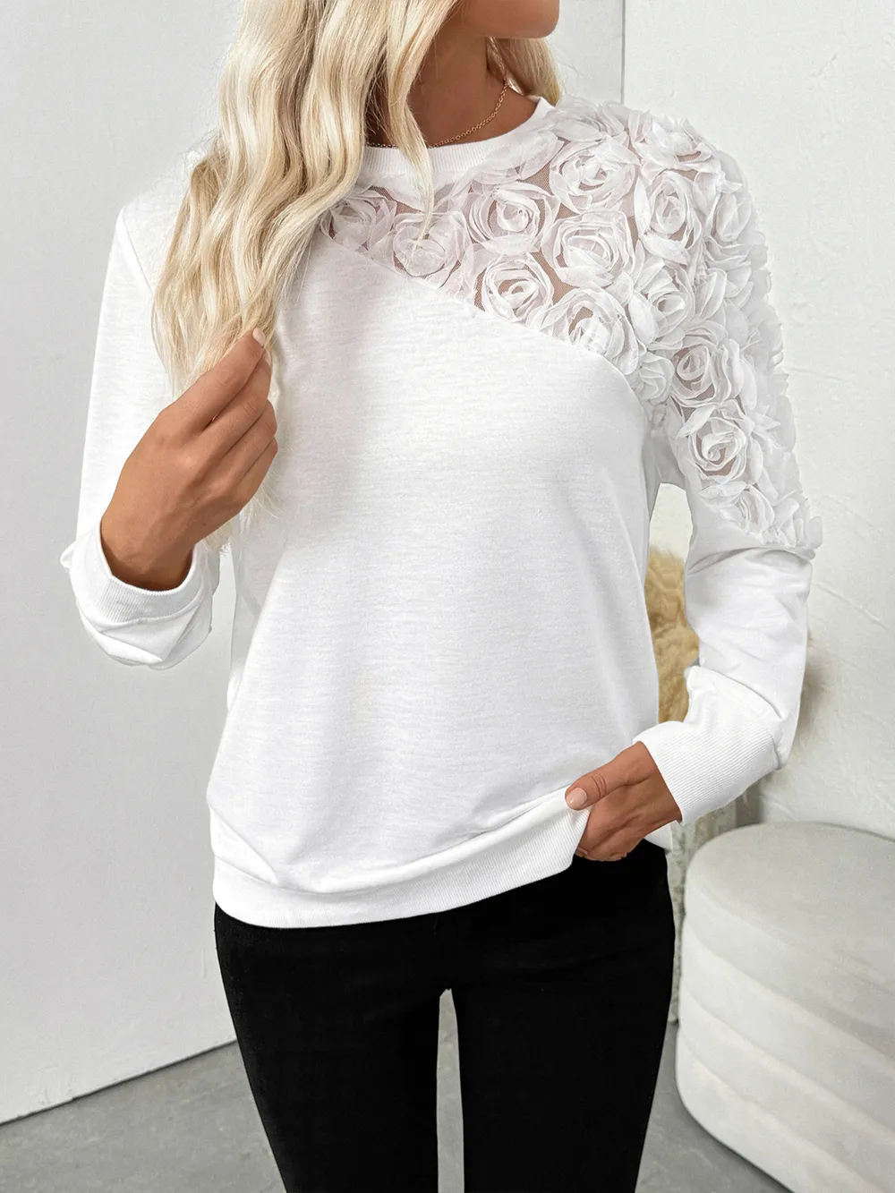 Rose Embroidered Long Sleeve Sweatshirt, image 4
