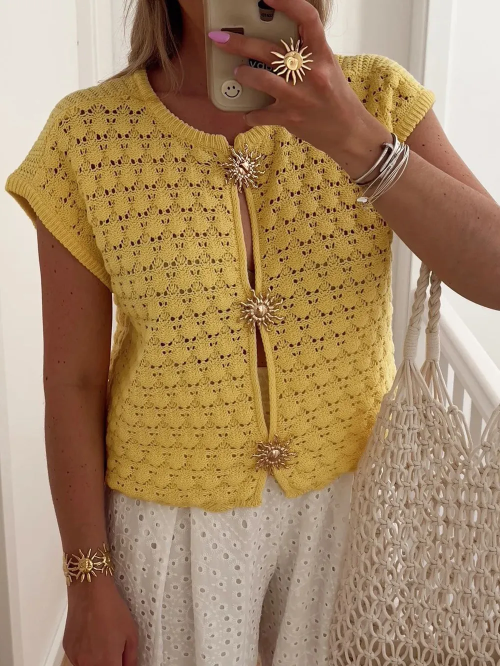 Crochet Short Sleeve Button Front Cardigan, image 6