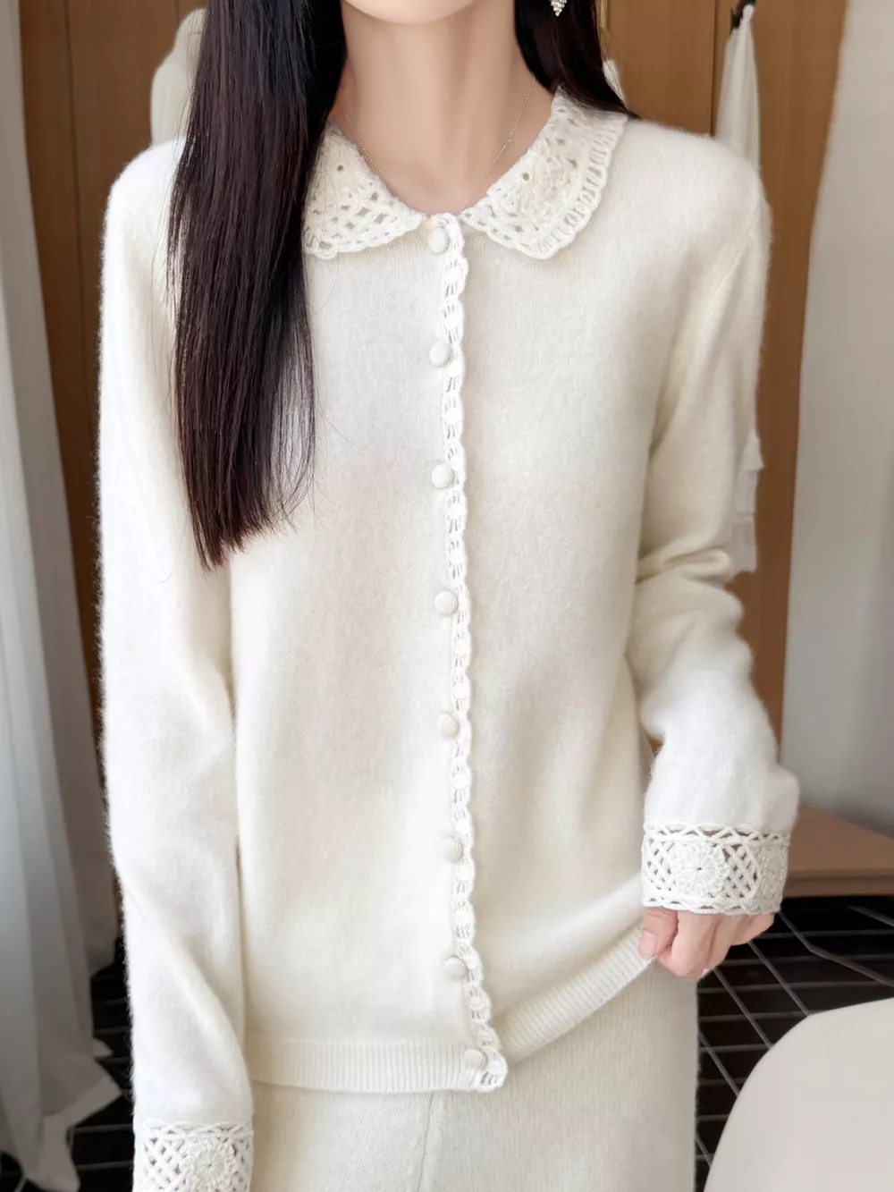 Lace-Collar Button Down Knit Cardigan, image 17