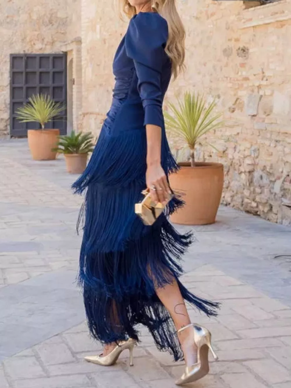 Fringed V-Neck Puff Sleeve Maxi Dress, image 10