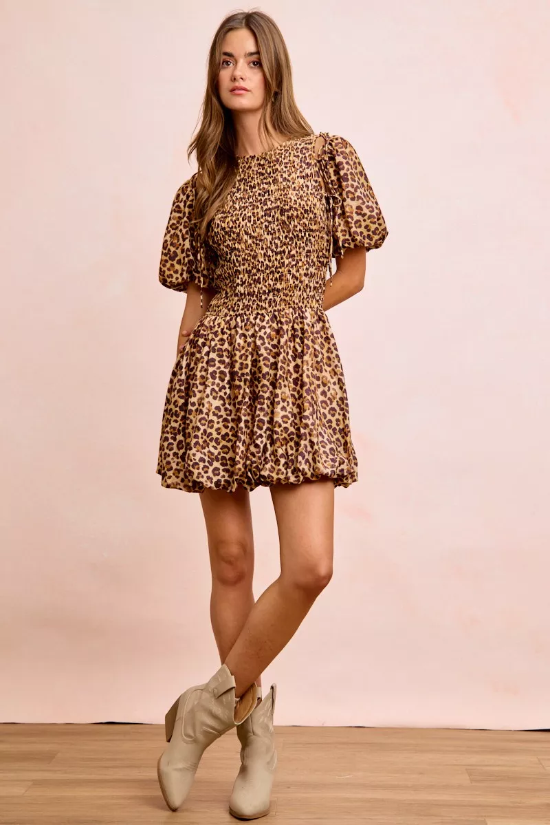 Leopard Bow Tie Attachable Puff Sleeves Dress, image 14