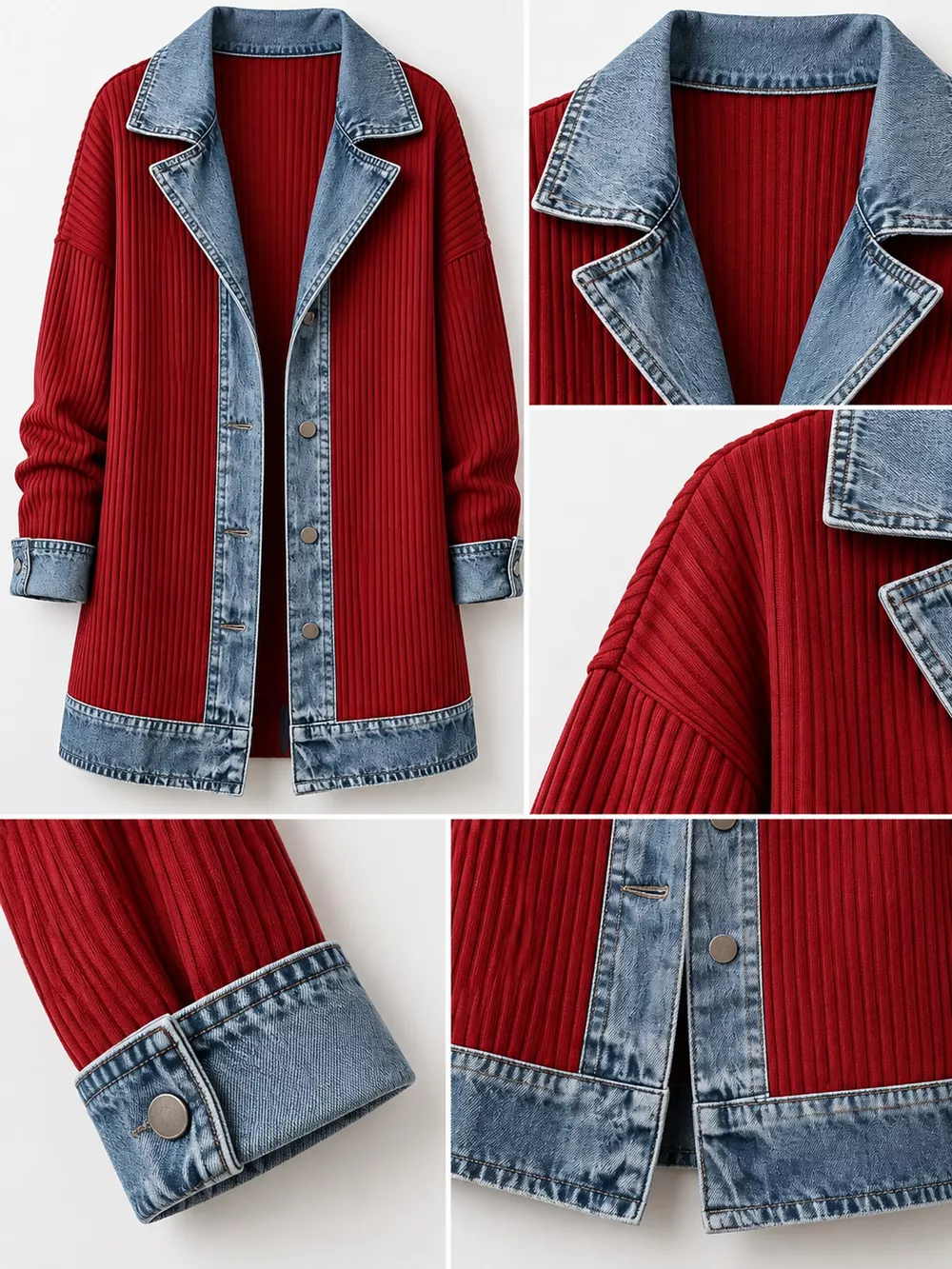 Full Size Denim Trim Ribbed Knit Cardigan Plus Size, image 22