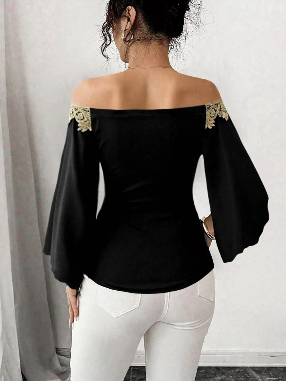 Off-Shoulder Embroidered Bell Sleeve Top, image 5