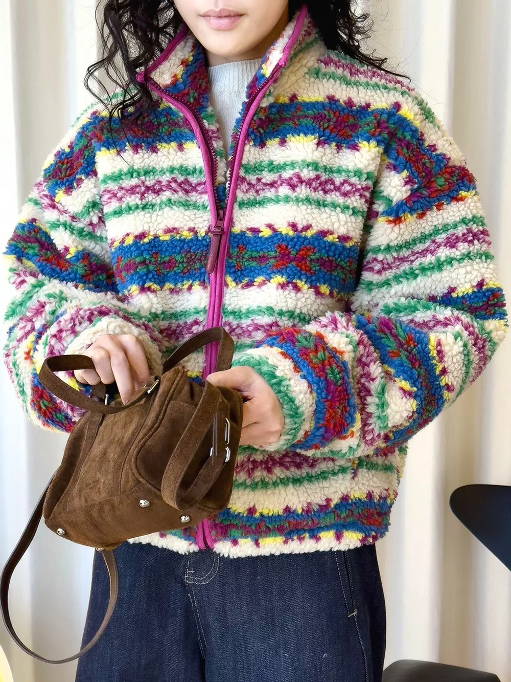 Colorful Patterned Sherpa Zip-Up Jacket, image 6