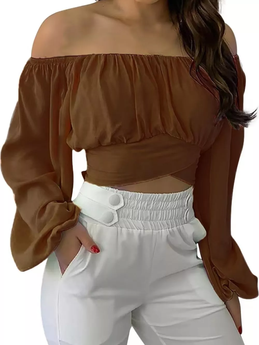 Off-Shoulder Long Sleeve Cropped Blouse, image 20
