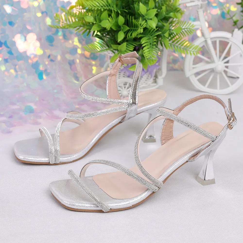 Strappy Heel Sandals with Rhinestone Chain Ankle Strap, image 5