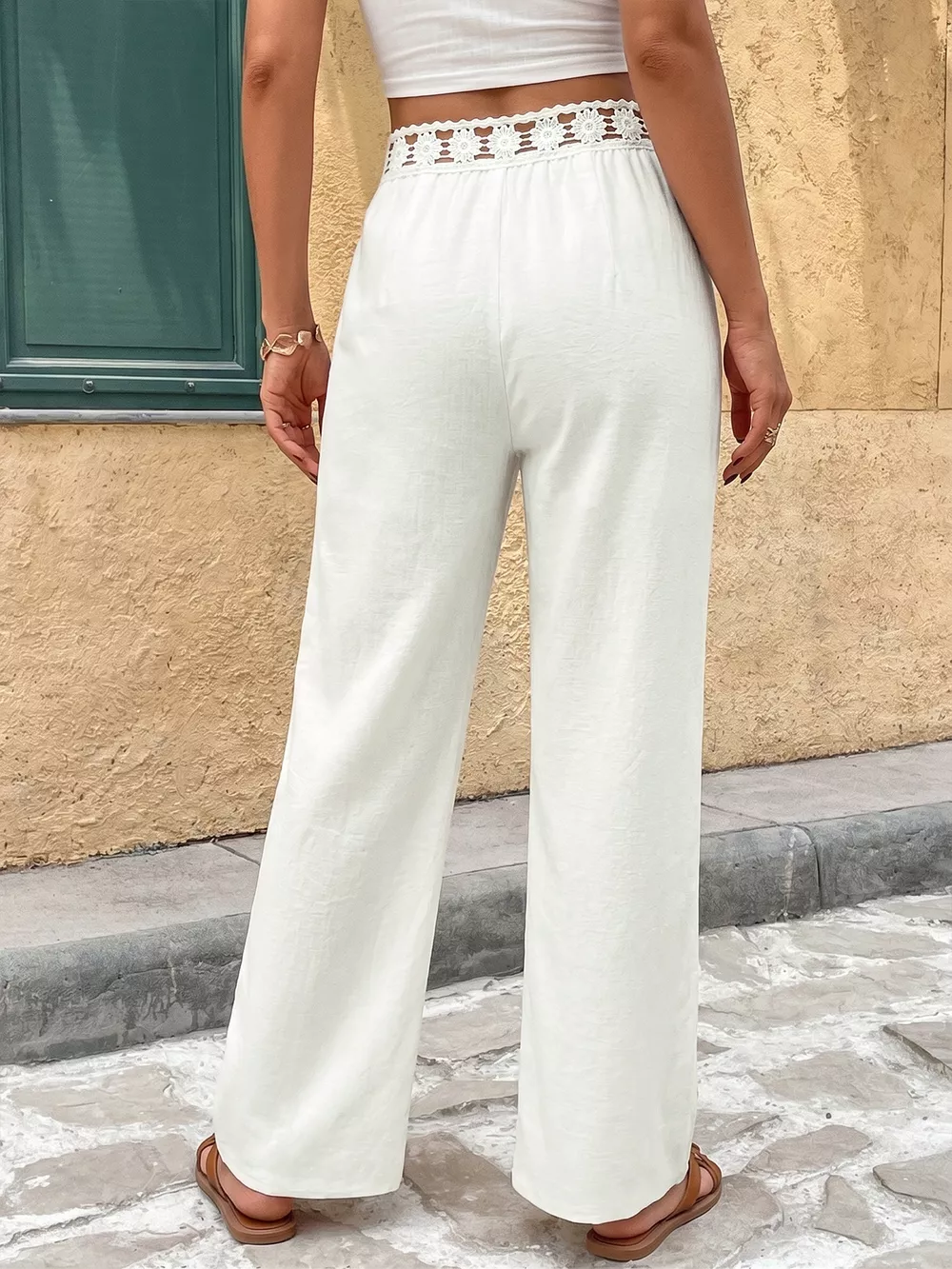 High Waist Wide Leg Pants with Crochet Trim, image 5