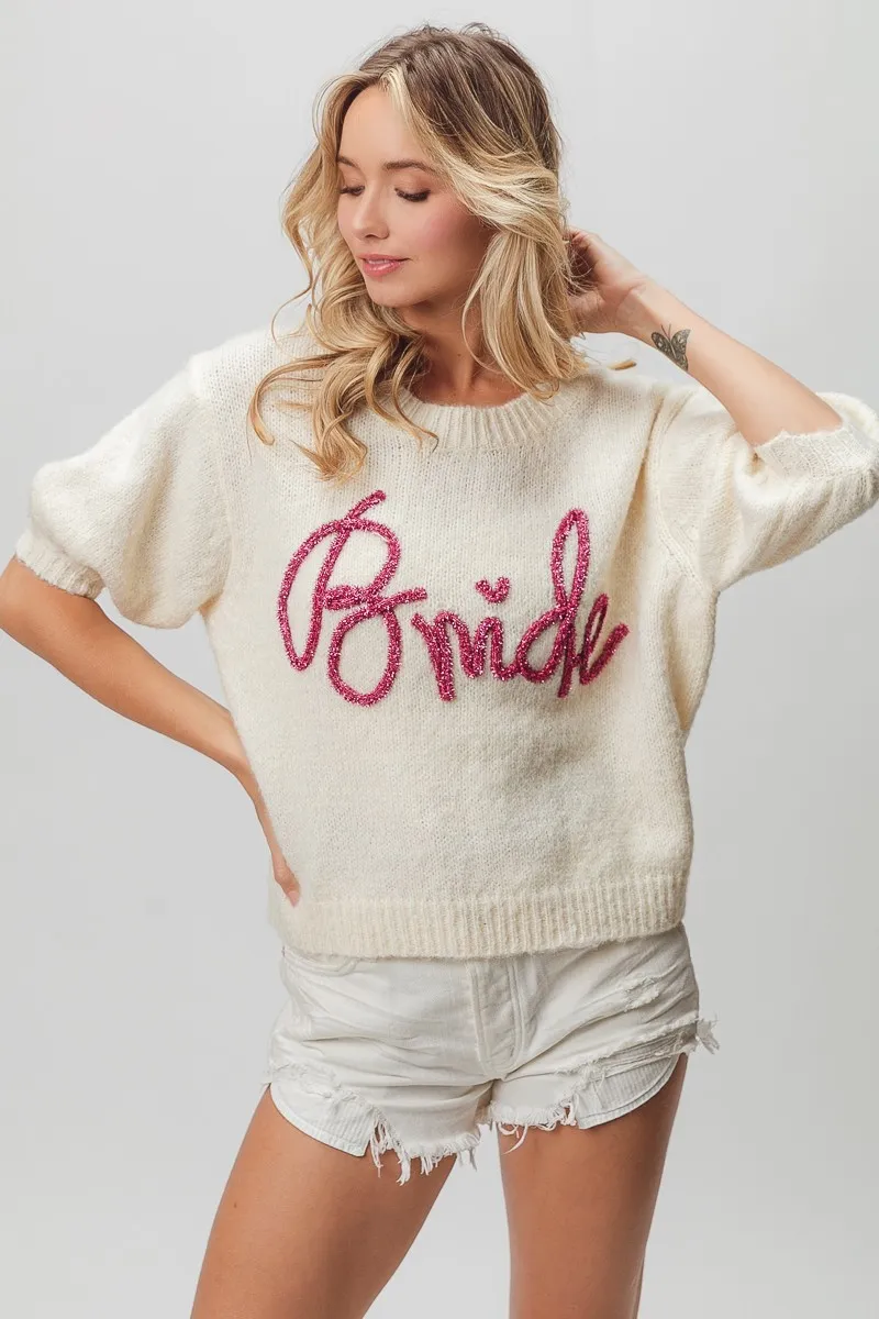 Metallic Letter Short Puff Sleeve Hairy Sweater, image 17