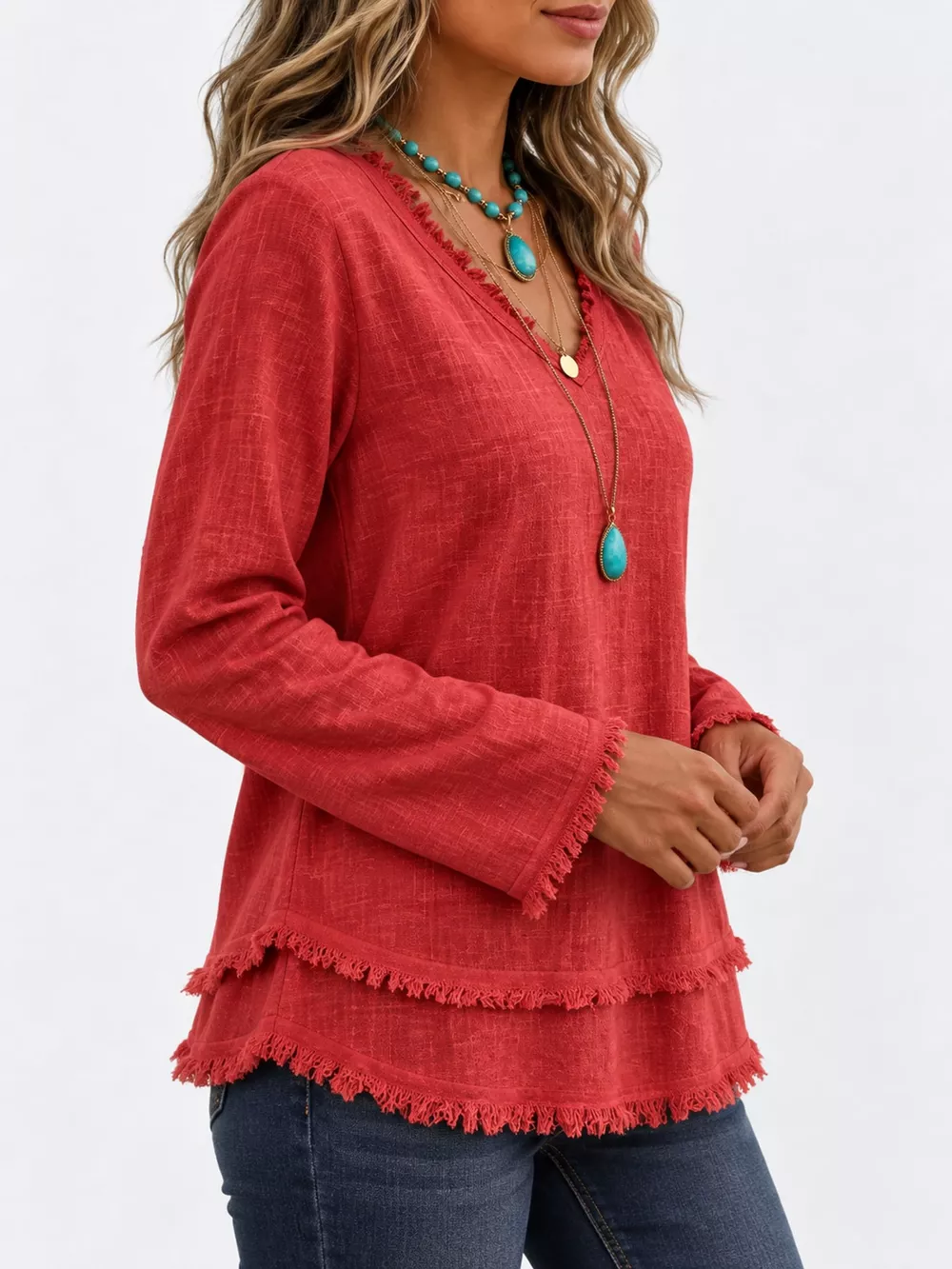 Full Size Frayed Hem V-Neck Long Sleeve Blouse Plus Size, image 22