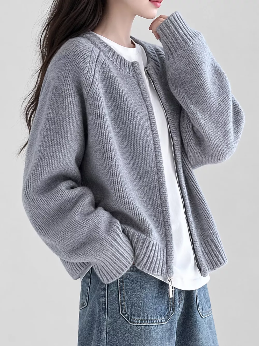 Ribbed Hem Zip-Up Cardigan, image 6