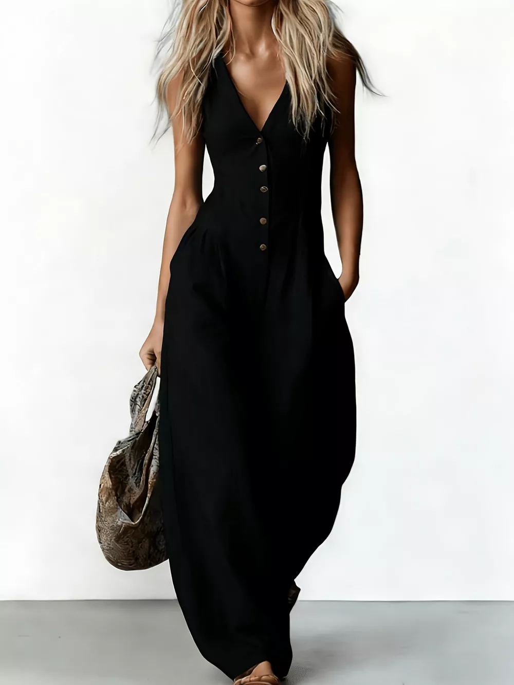 V-Neck Button-Down Wide-Leg Jumpsuit, image 3