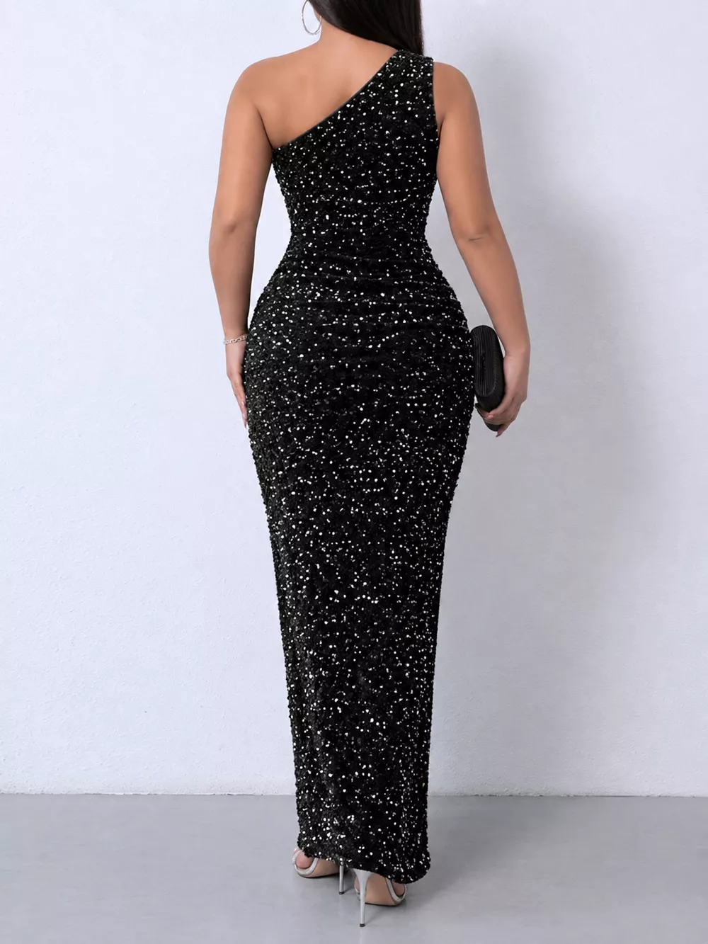 One-Shoulder Ruched Sequin High-Slit Evening Dress, image 17