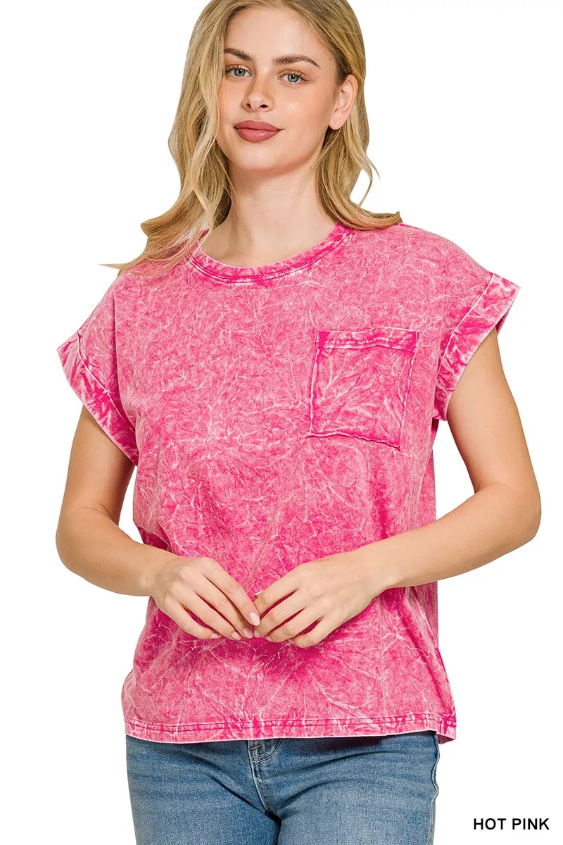 Full Size Crinkle Washed Round Neck Folded Short Sleeve Tee Plus Size