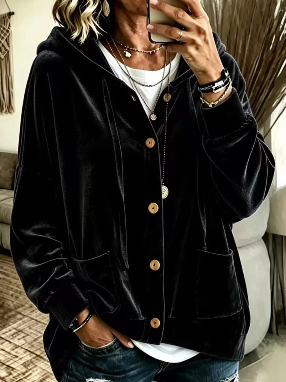 Full Size Velvet Dropped Shoulder Hoodie Plus Size, image 6