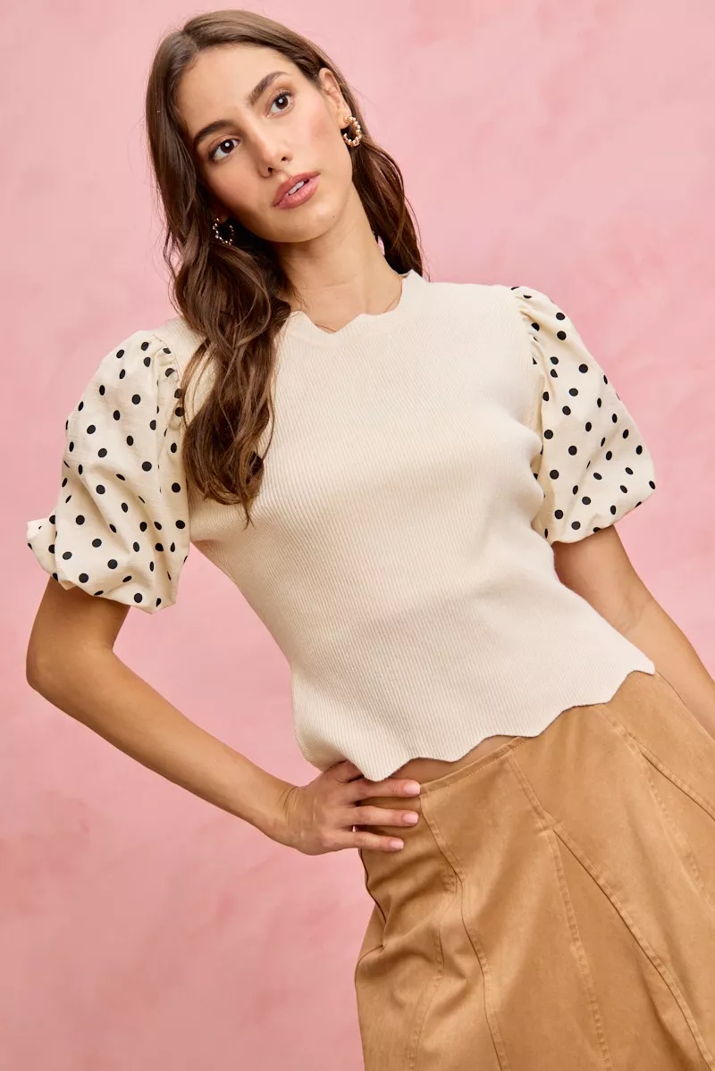 Polka Dot Contrast Woven Ballon Sleeve Blouse, image 7