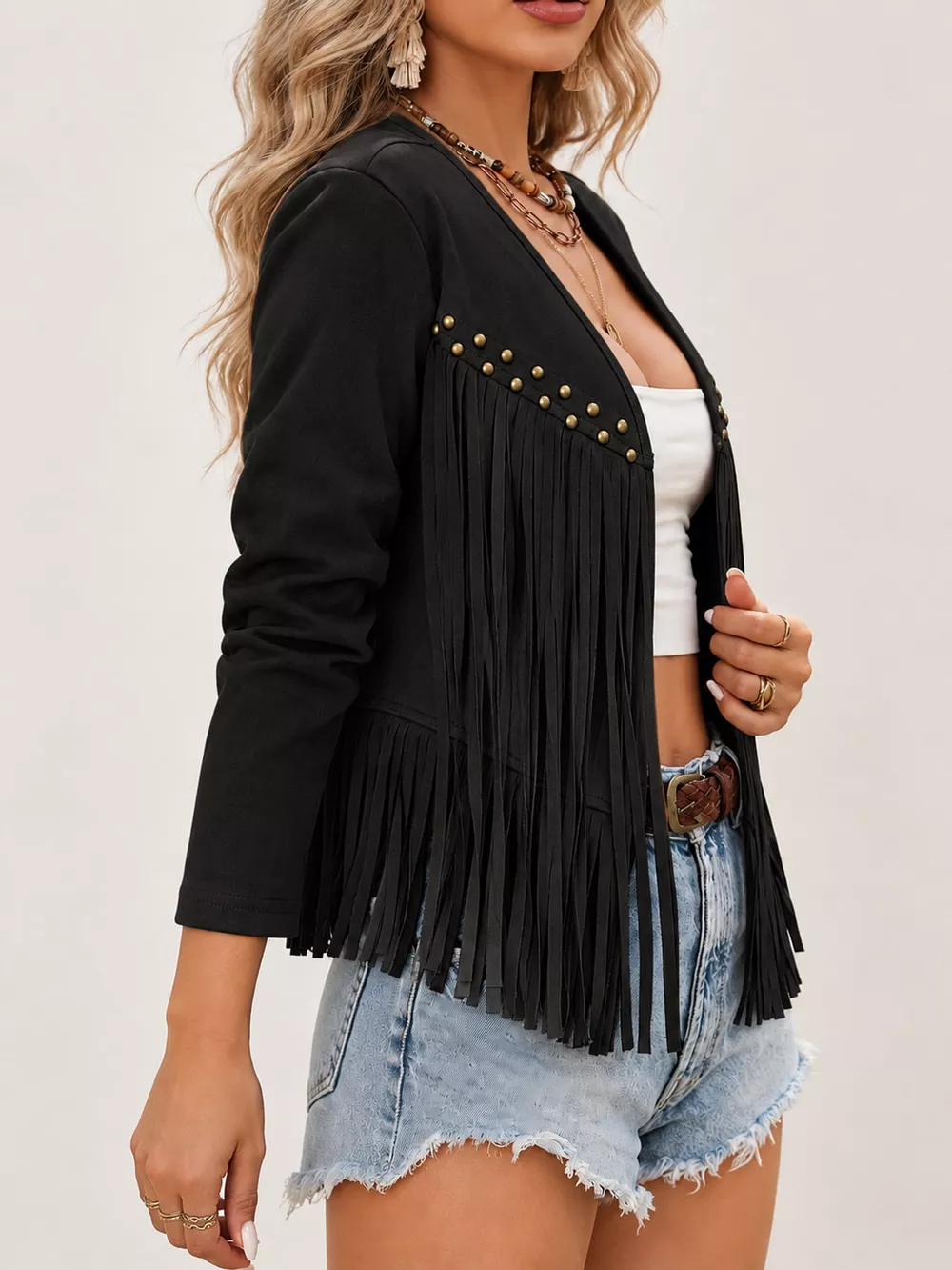 Studded Details Fringed Jacket, image 7