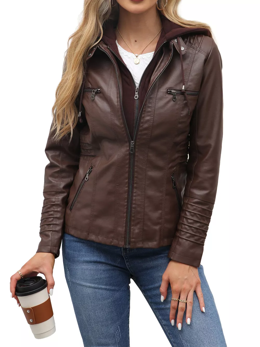 Full Size Detachable Hooded Faux Leather Moto Jacket Plus Size, image 9