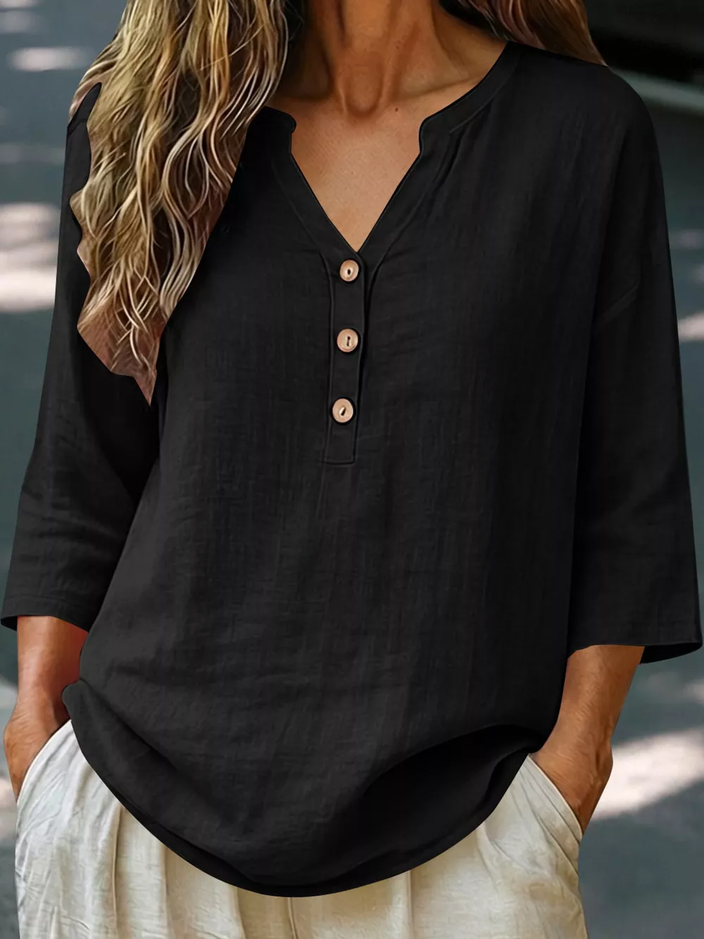 Full Size Button Detail Notched 3/4 Sleeve Blouse Plus Size, image 17
