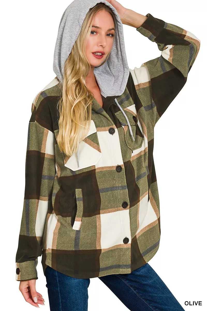 Plaid Drawstring Hooded Fleece Shacket, image 3