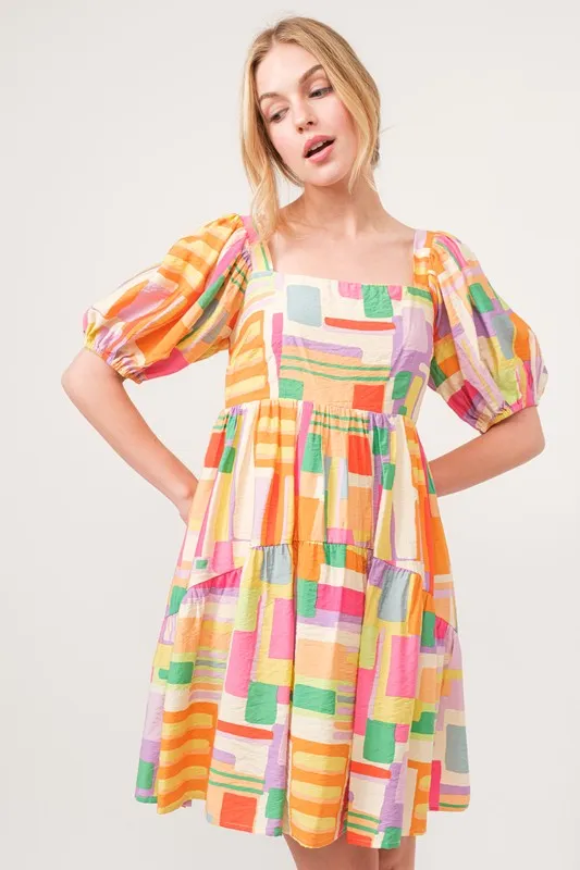 Square Neck Puff Sleeve Geo Printed Mini Dress, image 3