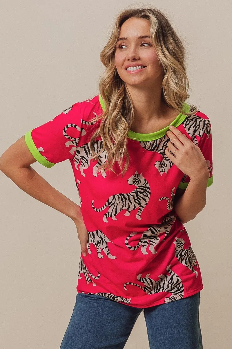 BiBi Big Tiger Print Jersey Contrast Ringer Top, image 2