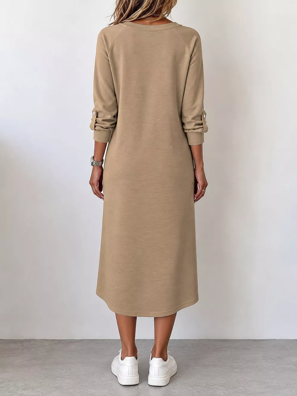 Full Size V-Neck Long Sleeve Midi Dress Plus Size, image 13
