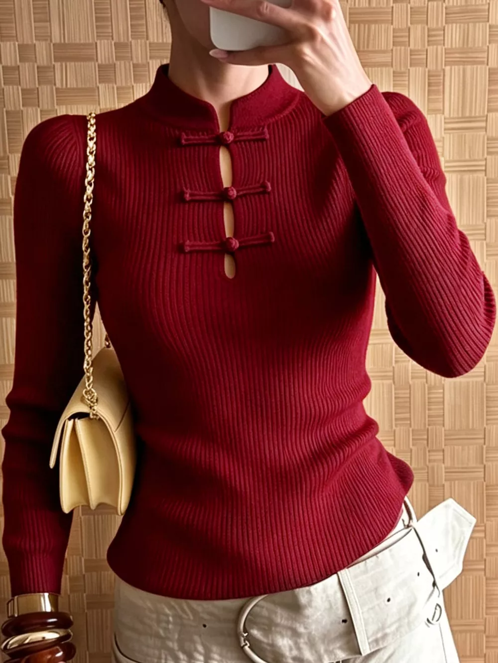 Chinese-Style Button Ribbed Knit Top, image 17