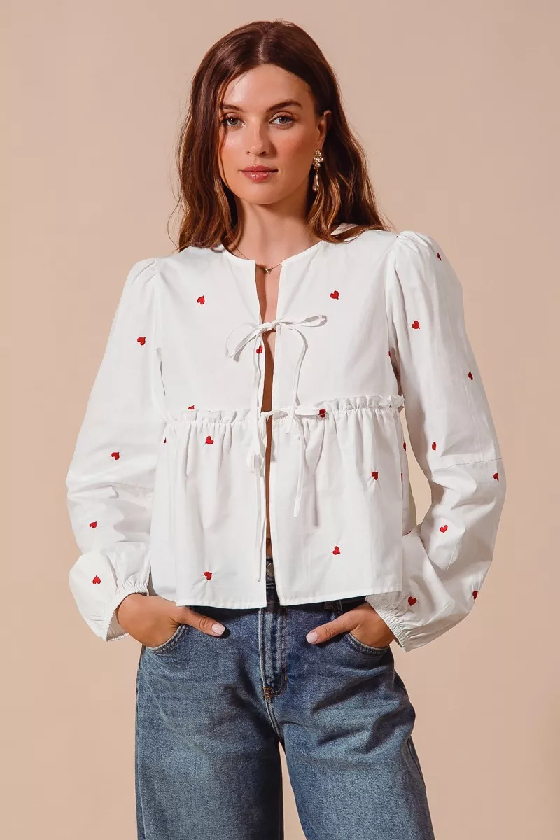 Front Tie Heart Embroidered Blouse With Puff Sleeve, image 7