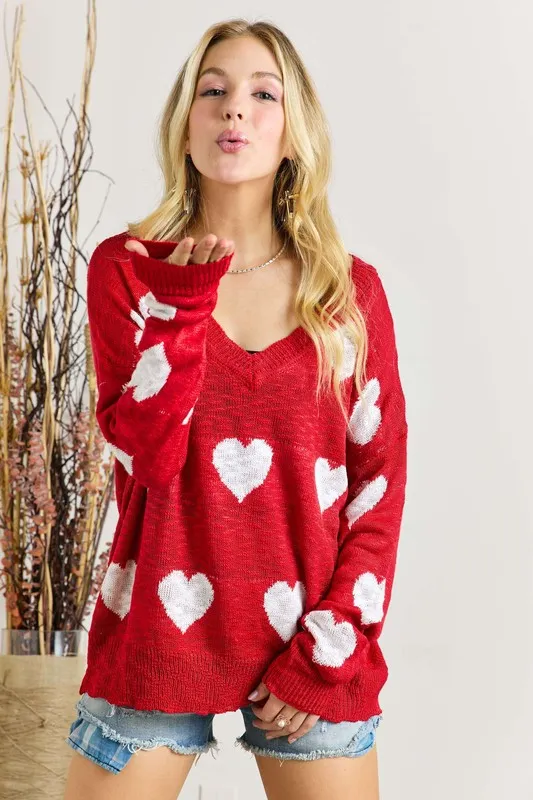 Full Size Heart V-Neck Knit Top Plus Size, image 4