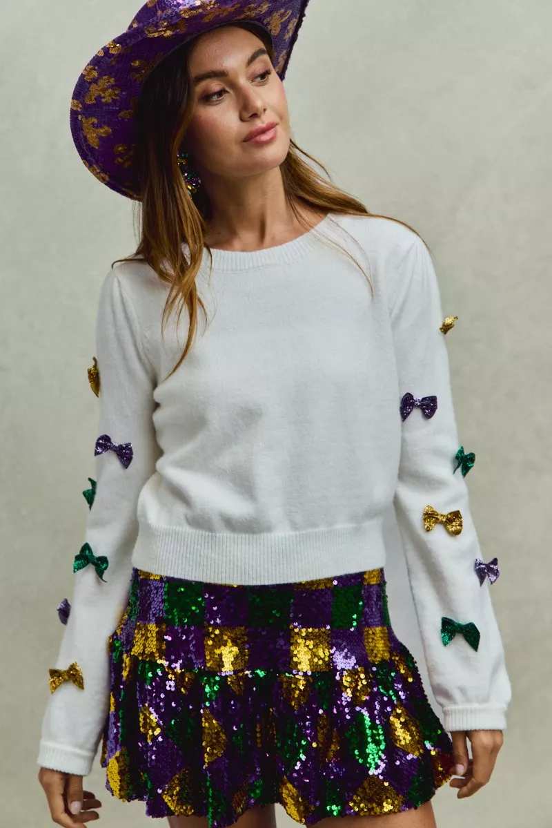Mardi Gras Glitter Bow Ribbon Sweater Knit Top, image 13