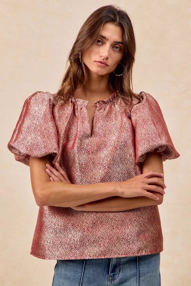 Jacquard Woven Short Balloon Sleeves V Neck Top, image 4