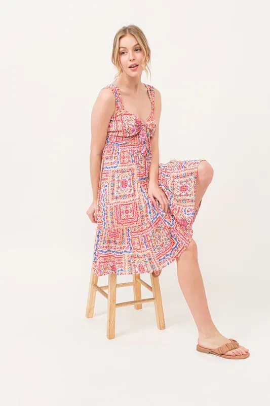 Tied Front Smocked Back Tiered Boho Printed Dress, image 6