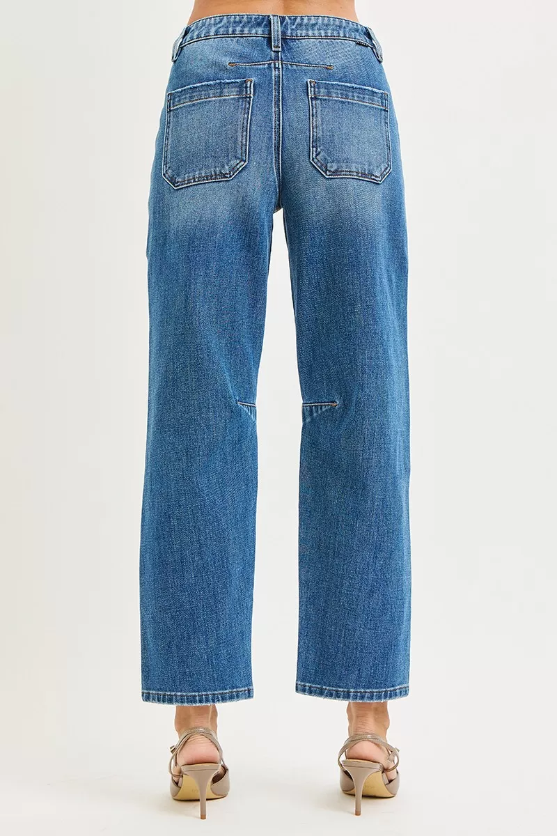 4 Way Stretch Mid Rise Barrel Jeans with Patch Pocket Detail, image 3