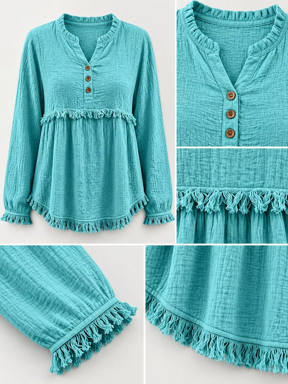 Full Size Frayed Hem Button Detail Blouse Plus Size, image 45