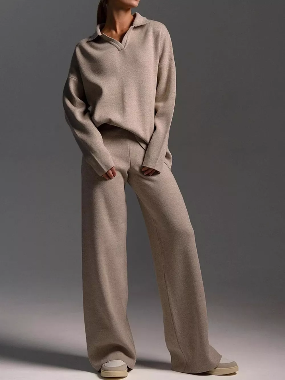 Polo Collar Top and Wide-Leg Pants Set, image 10