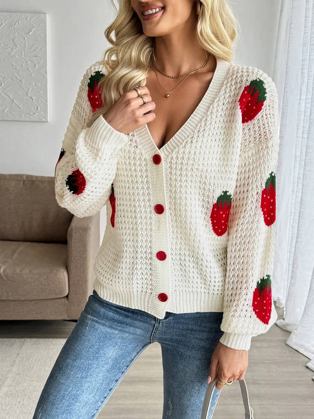 Strawberry Pattern V-Neck Button-Up Cardigan, image 6