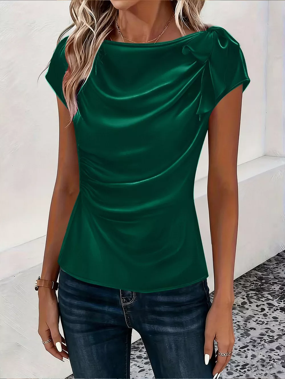 Ruched Short Sleeve Satin Top, image 5