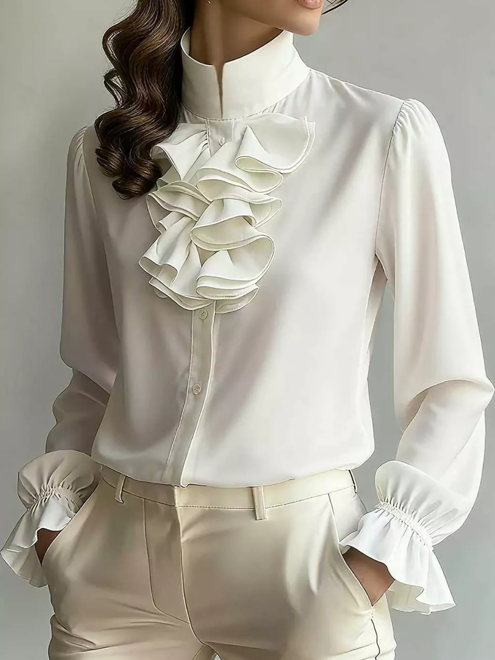 Ruffled Stand-Collar Blouse with Long Lantern Sleeves