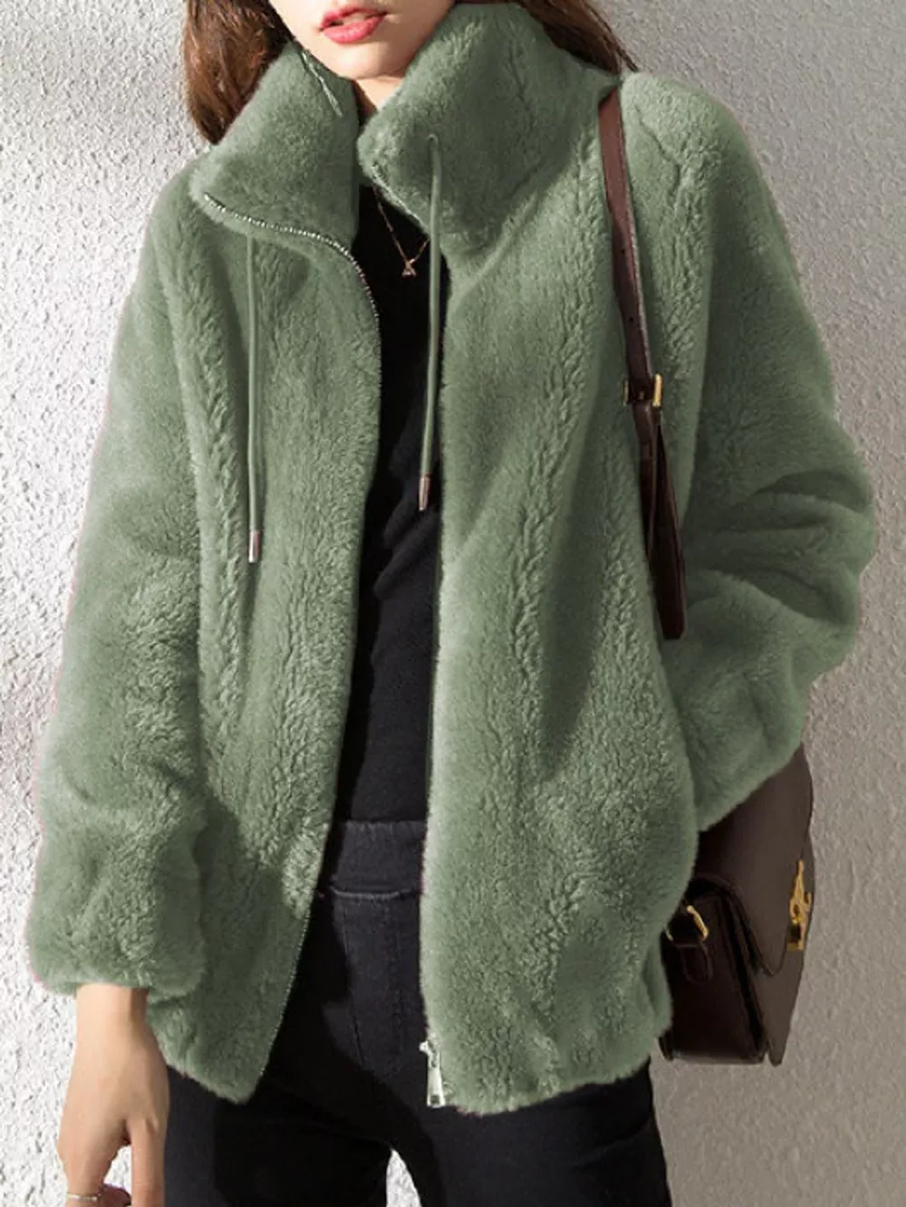 Full Size Drawstring Faux Fur Stand-Collar Zip-Up Outerwear Plus Size
