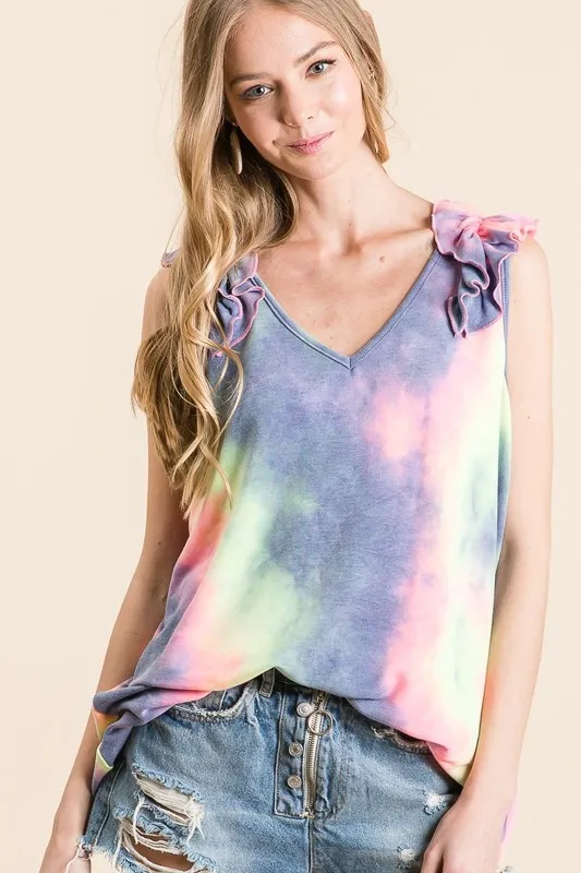 Tie Dye French Terry V Neck Top with Ruffle, image 8