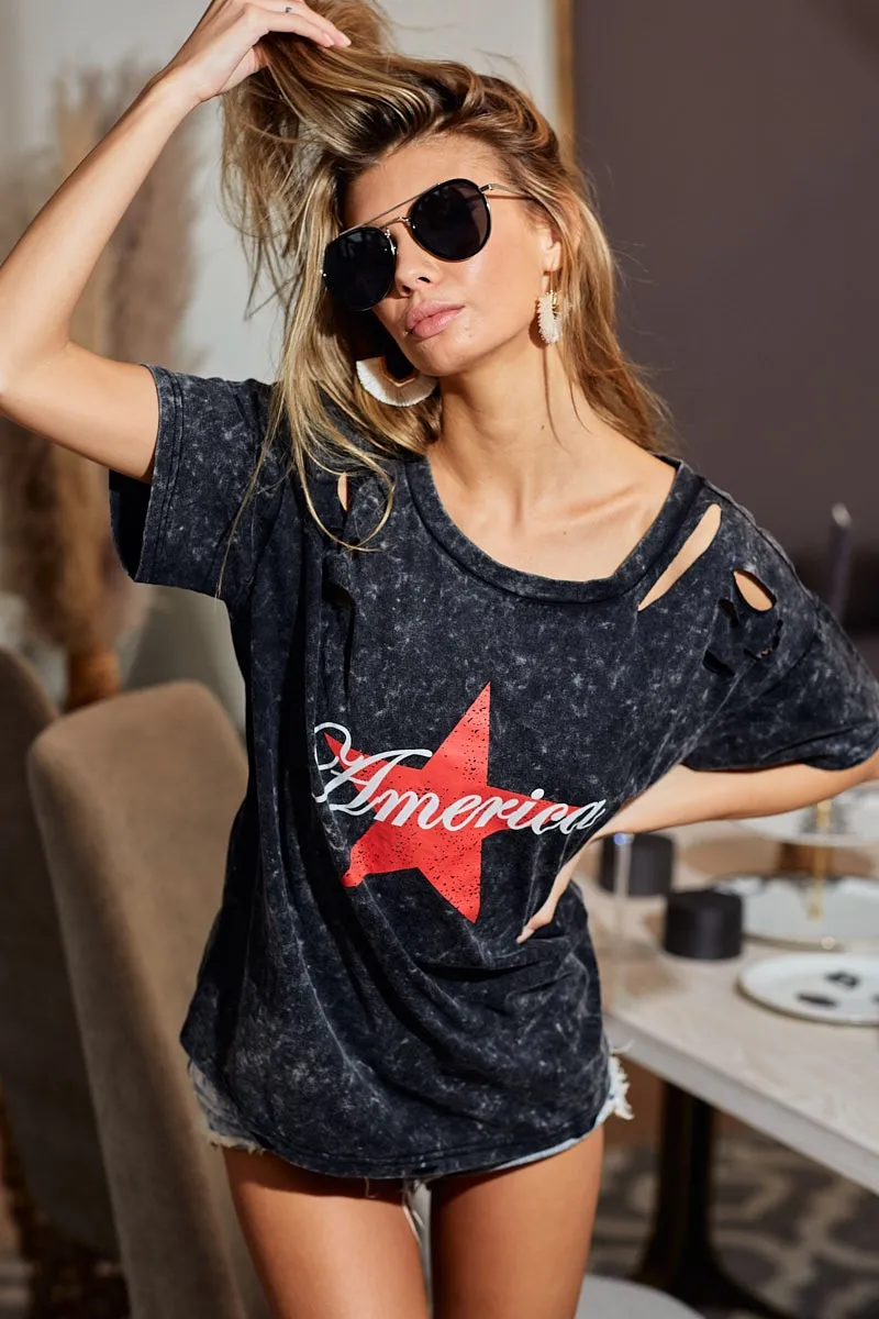 Laser Cut Mineral Washed Jersey Top with America, image 3
