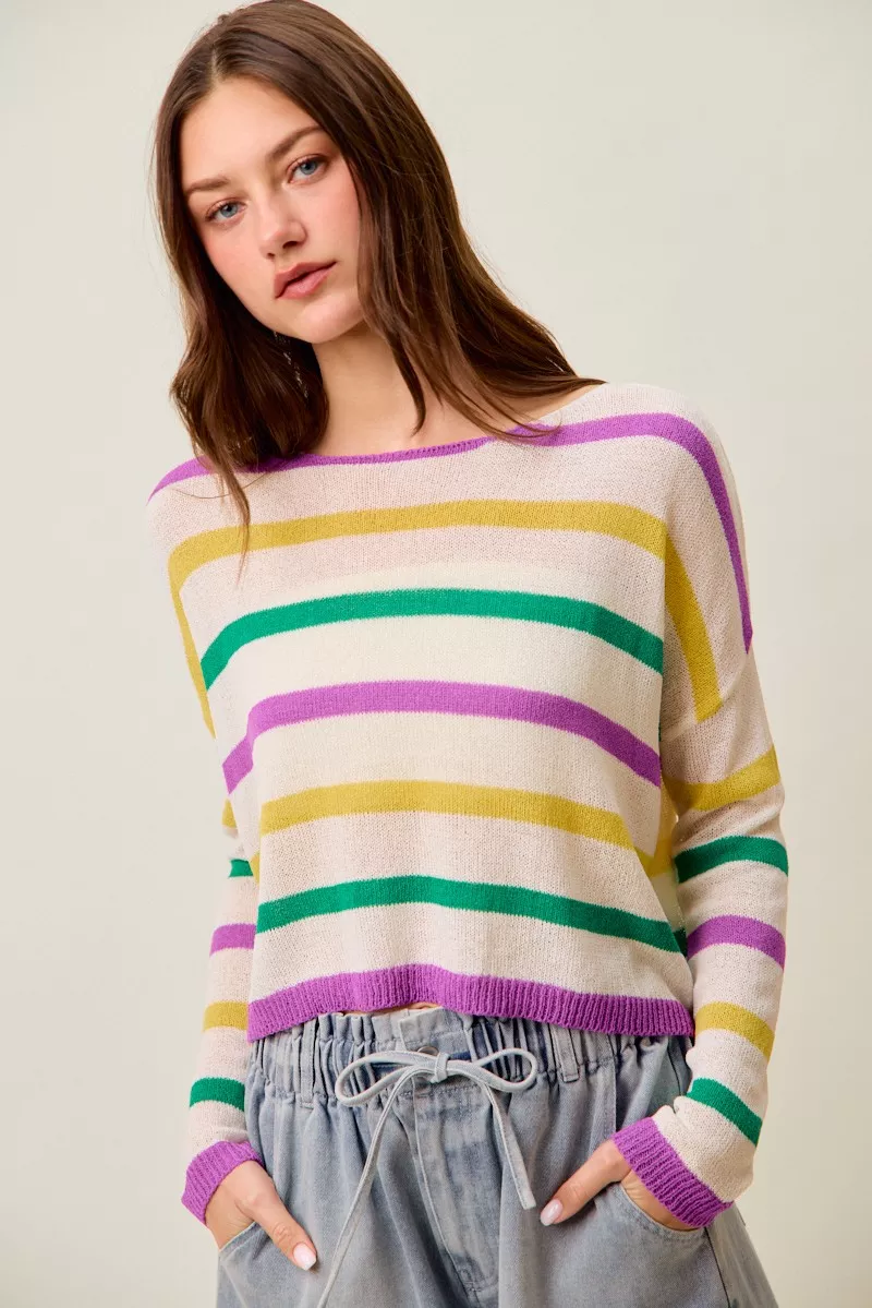 Mardi Gras Color Stripe Lightweight Sweater Top, image 15