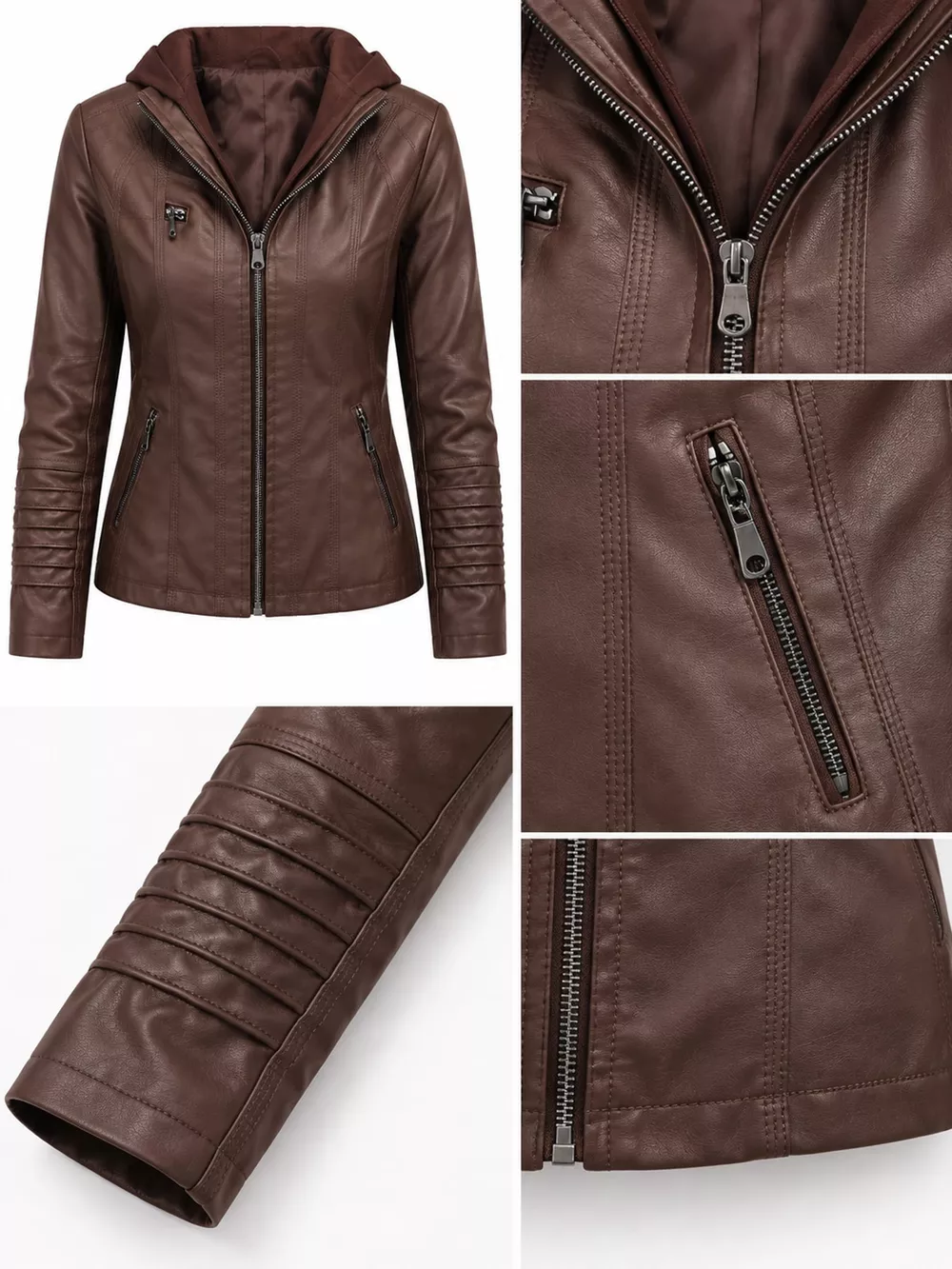 Full Size Detachable Hooded Faux Leather Moto Jacket Plus Size, image 14