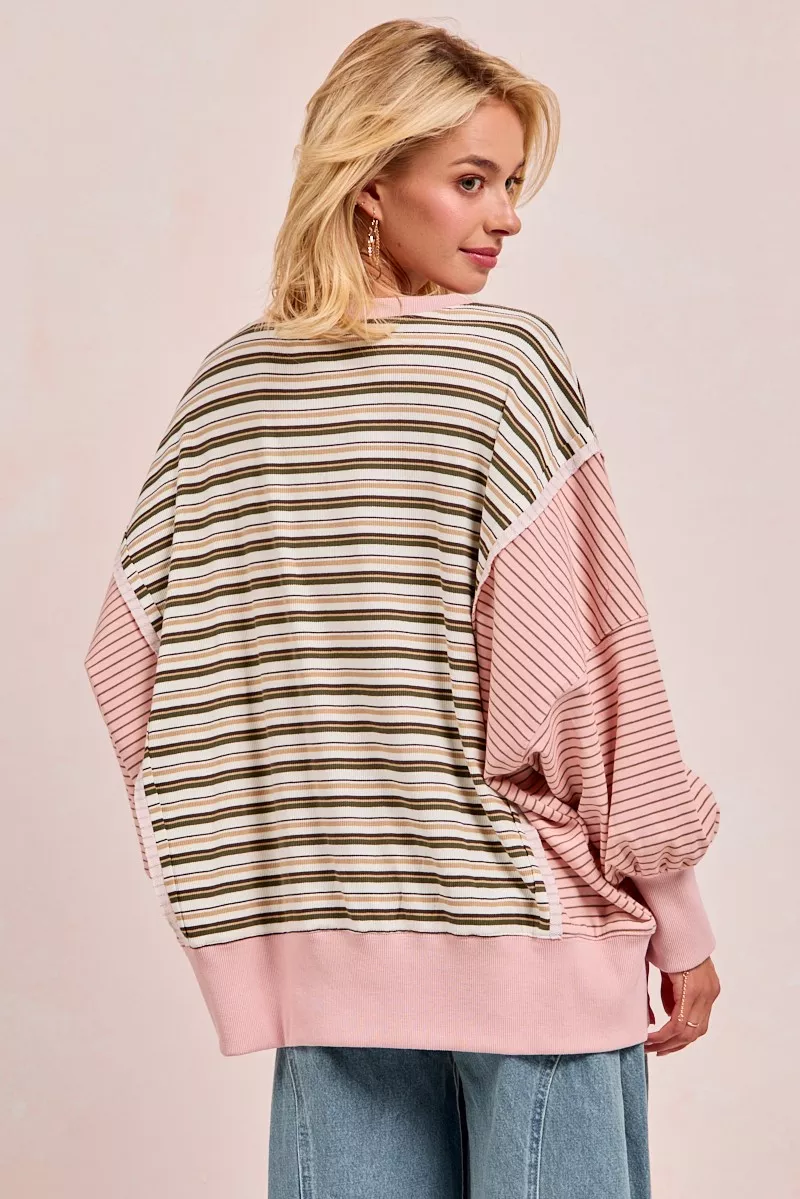 Stripe Mixed Top With Cut Edge And Reverse Outseam, image 4