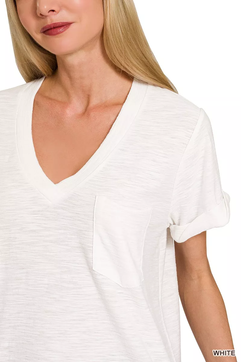 Slub Rolled Short Sleeve V-Neck Tee, image 4